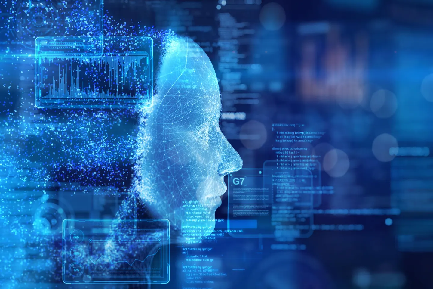 Digital rendering of a human profile made of data points, representing AI trustworthiness